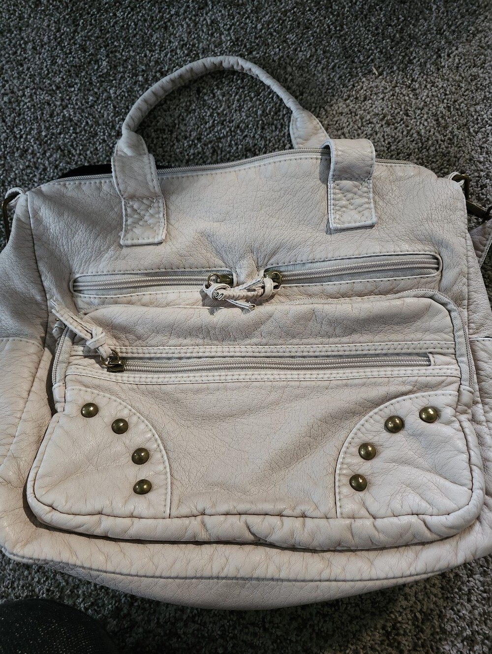 Womenโs Cream Soft Vegan Leather Tote Bag with Stud Accents